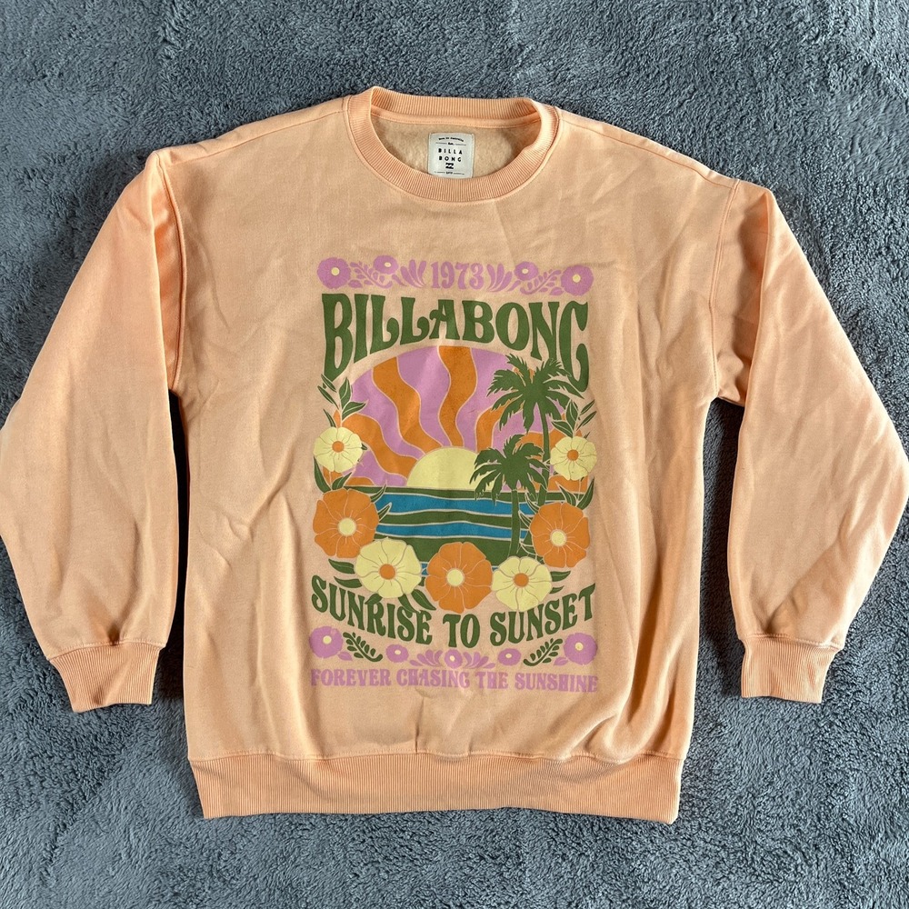 Billabong Sweatshirt Womens Medium Peach Floral Palm Tree Graphic Lined Pullover